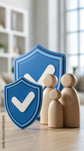 Family Security Symbol: A wooden family figurine stands behind two blue shield icons with checkmarks, symbolizing protection and safety.