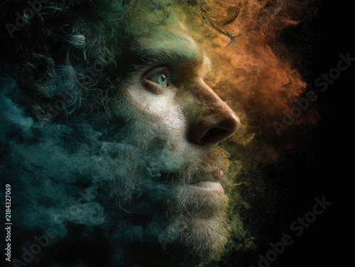 Political chaos concept man portrait dissolving in green smoke