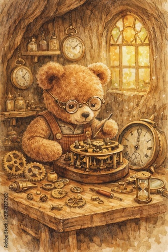 Whimsical Bear Clockmaker Storybook Illustration