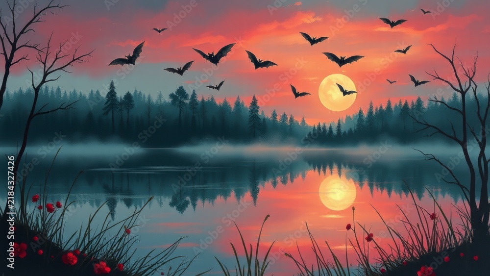 Obraz premium Bats flying over misty lake at sunset