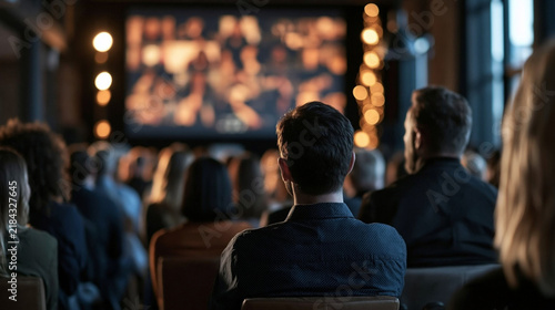 Audience Enraptured: A diverse group of people attentively watches a presentation on a large screen in a dimly lit hall, illuminated by ambient fairy lights. Capturing focus and shared experience.