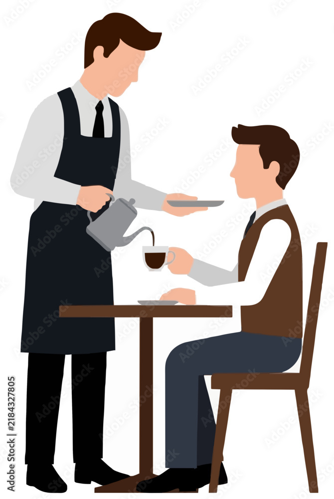 Obraz premium waiter in a black apron pouring hot coffee into a cup for a seated customer, flat vector illustration on a white background