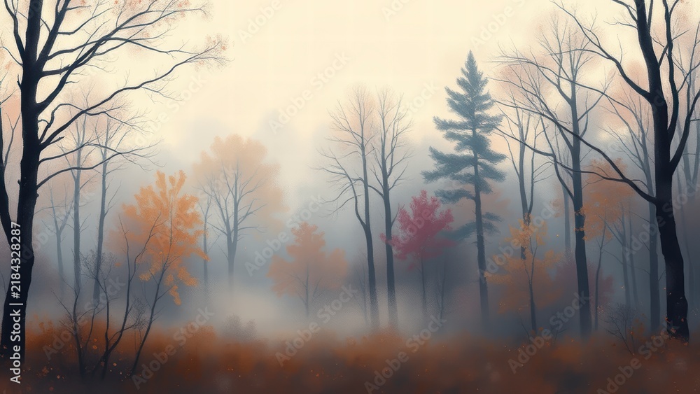 Obraz premium Misty autumn forest landscape with bare trees and fog