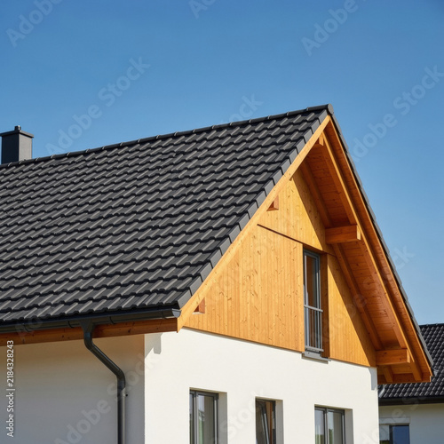 Modern suburban house exterior with dark roof perfect tiling