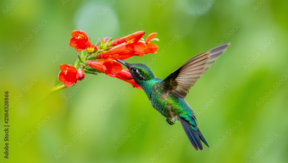 Fototapeta premium Hummingbird Feeding on Orange Flowers