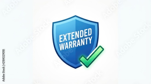 Extended warranty shield icon with checkmark approval symbol on white background with glowing green checkmark warranty text includes blue shield displays