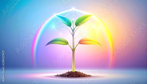 Rainbow colored tree growing from dark soil.