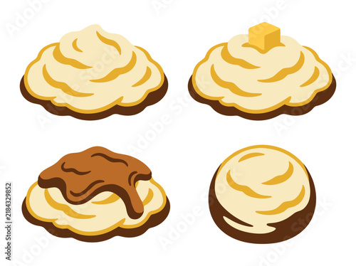 Quadro su tela Creamy mashed potato vector illustration set featuring fluffy portions topped wi