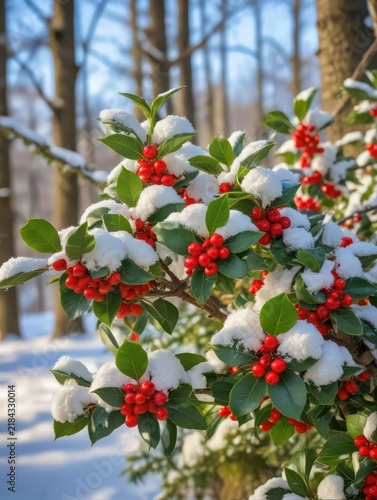 American Holly Bush Under Snow Blanket
