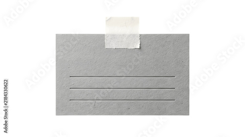Rectangular grey textured paper note with three horizontal embossed lines and a piece of white adhesive tape attached at the top center on transparent background
