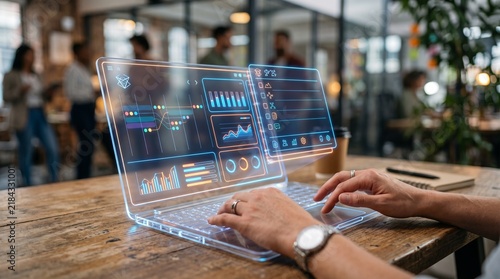 Futuristic AI Project Management Dashboard on Laptop with Holographic Calendar and Analytics in Modern Office