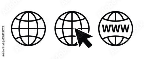 Visit website vector icon set featuring website, globe, browser, and WWW symbols for internet navigation, online access, and digital communication