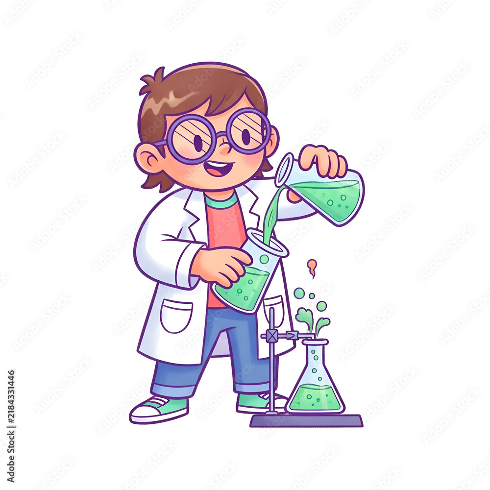 Obraz premium Cartoon illustration of a young boy scientist in a lab coat doing a chemistry experiment.