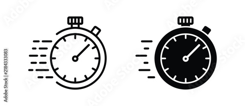 Time fast icon flat vector illustration featuring a thin line clock emblem symbolizing speed, urgency, efficiency, and quick action