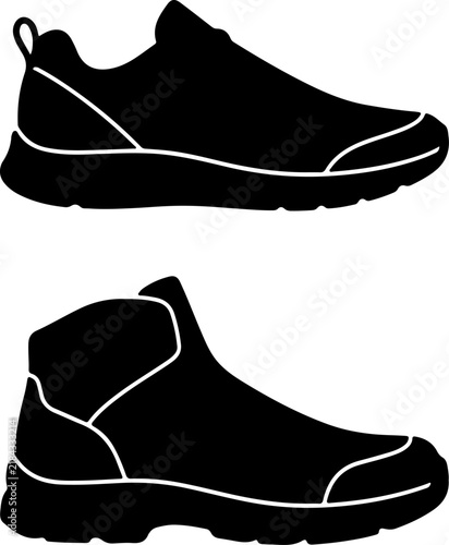 Set of two black silhouette icons of modern athletic footwear featuring a low top sneaker and a high top boot design isolated on a white background for fashion retail and sports apparel branding