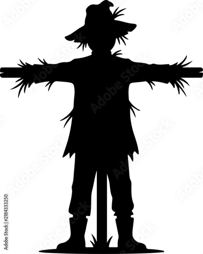 A detailed black silhouette of a traditional scarecrow standing in a field with a hat and straw clothing isolated on a white background for agricultural design elements and seasonal autumn graphics
