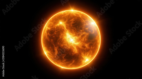 Glowing fire sphere on black background with bright plasma texture and intense energy, abstract space object