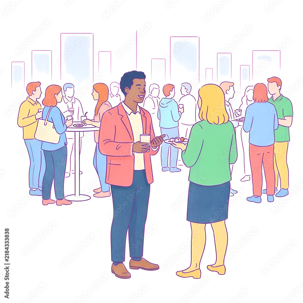 Fototapeta premium Colorful vector illustration of a professional networking mixer event.