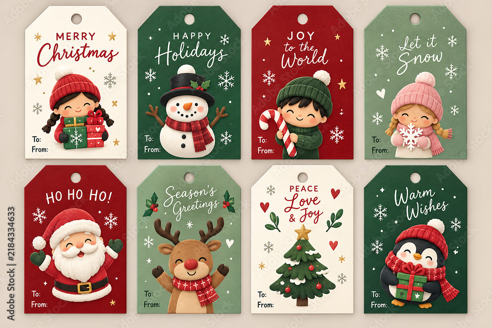 Fototapeta premium Cute Christmas Holiday Gift Tag Set with Gnomes, Snowman, Santa, Reindeer, Christmas Tree and Festive Greetings