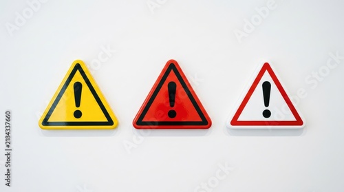 Three triangular warning signs with exclamation marks in bright colors against plain background with white red combinations warning indicator