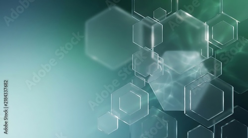 Floating translucent hexagonal glass shapes on teal gradient background