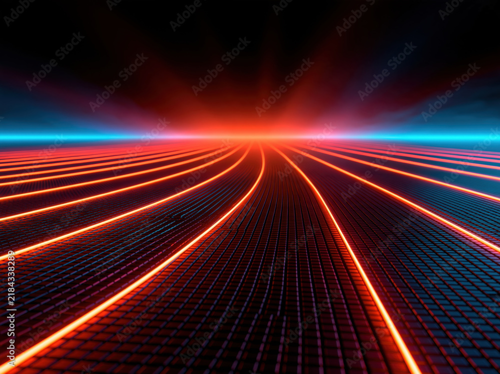 Fototapeta premium Glowing horizontal line neon light abstract background futuristic horizon red glow blue glow grid floor perspective line digital landscape dark sky