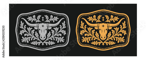 Longhorn bull label belt buckle wild west cowboy style tag design, western rodeo emblem, gold silver stylized silhouette, rustic ranch and western vector art