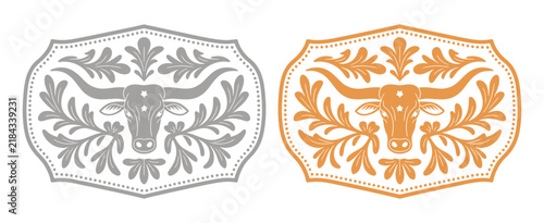 Longhorn bull label belt buckle wild west cowboy style tag design, western rodeo emblem, gold silver stylized silhouette, rustic ranch and western vector art