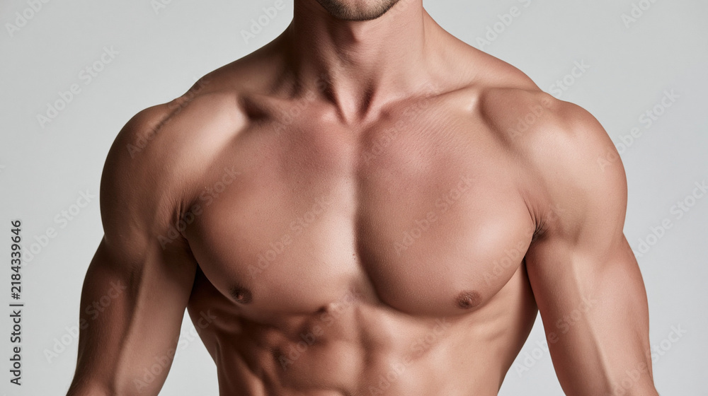Fototapeta premium Sculpted Physique: A close-up, mid-shot of a male torso showcasing well-defined pectoral muscles, abdominal muscles, and shoulder muscles, highlighting strength and fitness.