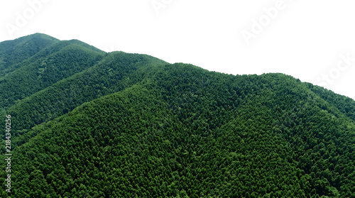 Majestic rolling green mountain range featuring dense coniferous evergreen forests captured from a high aerial perspective under bright natural daylight conditions, isolated on transparent background