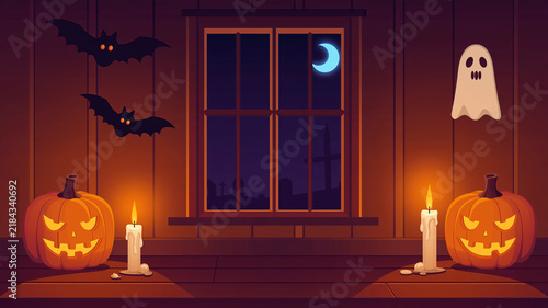 Tapety artystyczne ろうそくの灯りとかぼちゃが並ぶハロウィンの室内