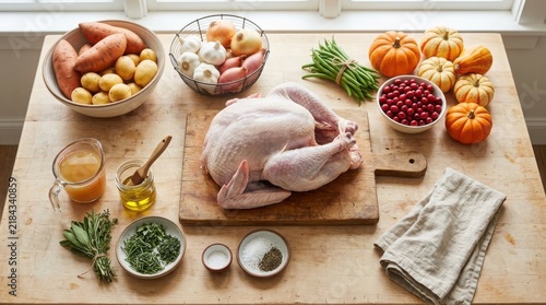 Preparation of thanksgiving turkey with potatoes and fresh vegetables on wooden table thanksgiving vegetables