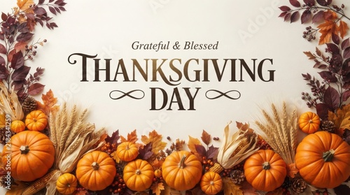 Gratful and blessed thanksgiving day text with decorative frame of autumn pumpkins and fall leaves