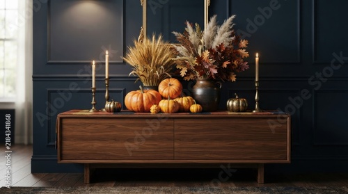 Rustic sideboard decorated with pumpkins and dried flowers in a dark moody living room sideboard pumpkins