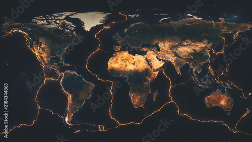 A global map illustrates Earth's glowing tectonic plate boundaries at night