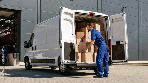 Logistics in Action: A delivery worker, clad in blue workwear, diligently loads cardboard boxes into the open back of a white cargo van parked outside a modern industrial building.
