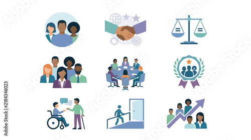 An inclusive flat vector icon set illustrating diverse professional profiles, diverse boardroom tables, equal sign balances, and inclusion champion badges for corporate diverse workforce development, 