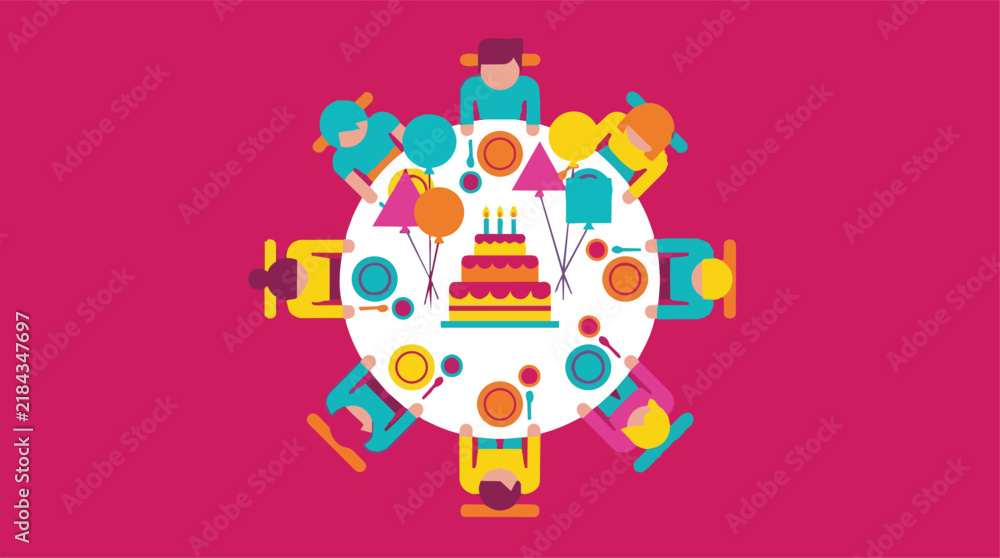 Fototapeta premium People sitting around round table celebrating festive birthday party