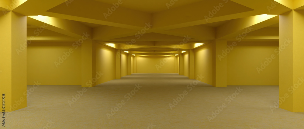Obraz premium Eerie liminal corridor in yellow empty interior, soft light, endless hall, unsettling space, quiet mood