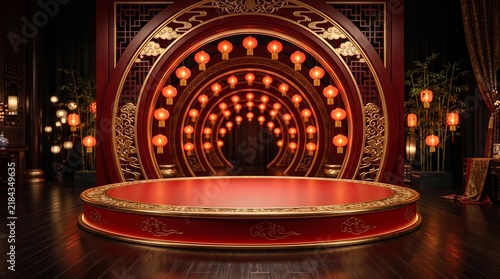 Elegant red circular stage background design for a traditional chinese mid autumn festival celebration event or performance