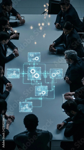 Team Collaboration in the Boardroom: A group of professionals in formal attire gather around a conference table, engrossed in a holographic display of complex data flow and network connections.