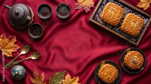 Traditional mooncakes and tea set arranged on a red fabric background for the mid autumn festival celebration