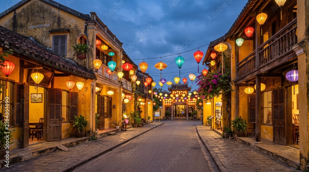Fototapeta premium Traditional ancient street decorated with glowing lanterns during the beautiful and festive mid autumn festival evening celebration