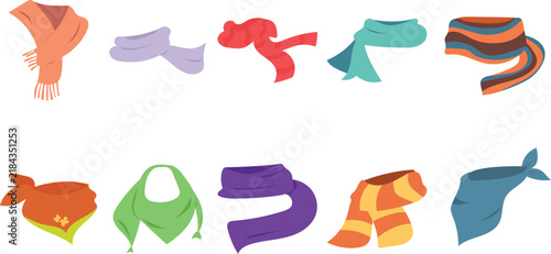 Collection of 10 winter scarves isolated on white background, vector illustration of warm wool scarf, neckerchief, bandana, striped knit scarf, and seasonal fashion clipart