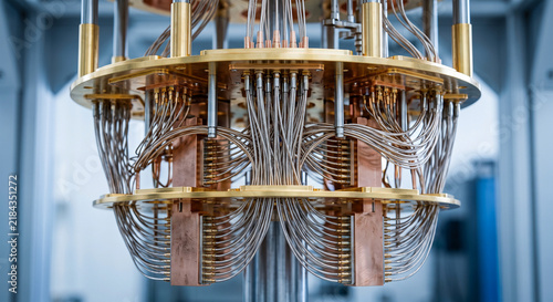 Quantum Computing Core Hardware: Macro View of Coaxial Wires and Cryogenic Plates