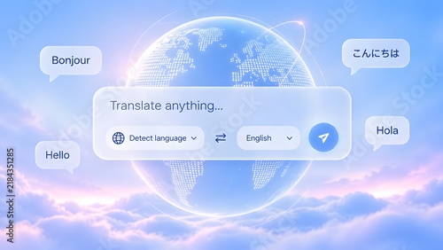 Obraz na płótnie Global AI language translation software interface hovering in sky with multiple languages greeting text representing seamless borderless communication