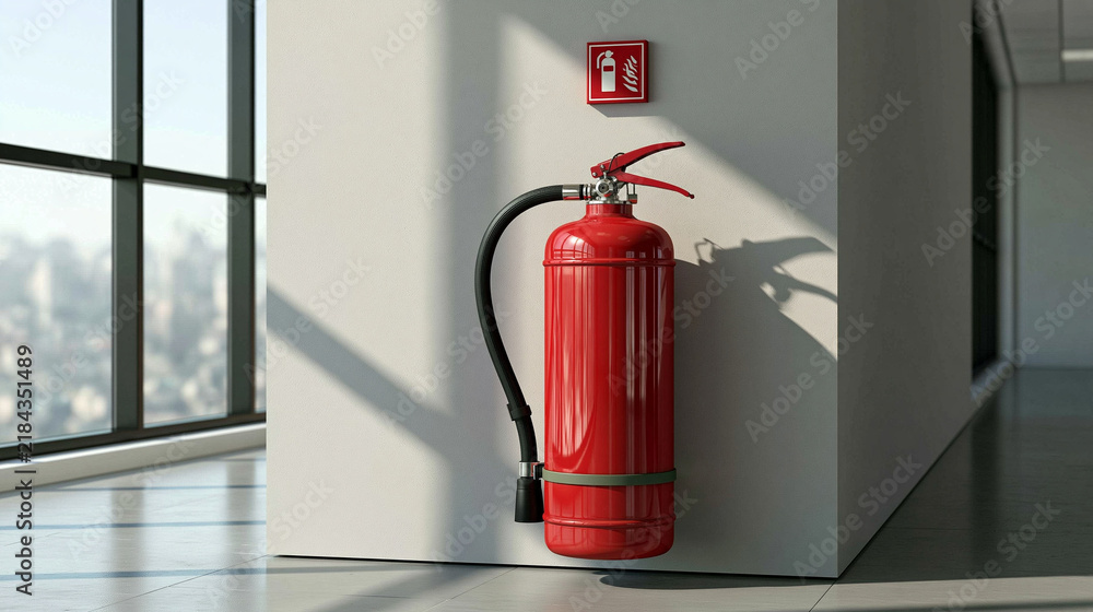 Obraz premium Red Fire Extinguisher Mounted on Wall: A bright red fire extinguisher is mounted securely on a modern office building wall, ready for emergency use.