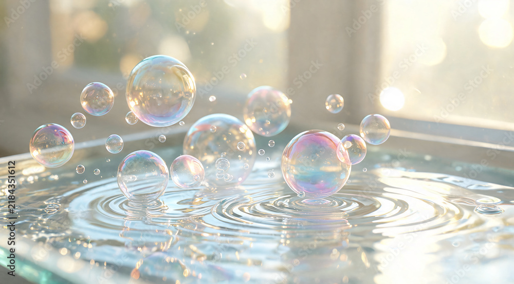 Obraz premium Colorful soap bubbles floating on water surface with ripples.
