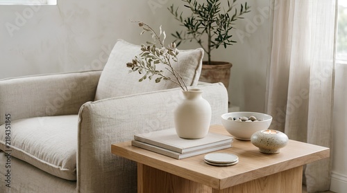 Serene Minimalist Home Decor with Light Linen Armchair, Natural Wood Side Table, Ceramic Vase with Dried Branches, Books, and Candle in a Bright, Neutral Toned Living Room Interior Design.