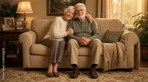 Full-length portrait of a happy elderly couple sitting together on a beige sofa in a warm cozy living room, the white-haired wife leans lovingly on her bearded husband, surrounded by framed photos